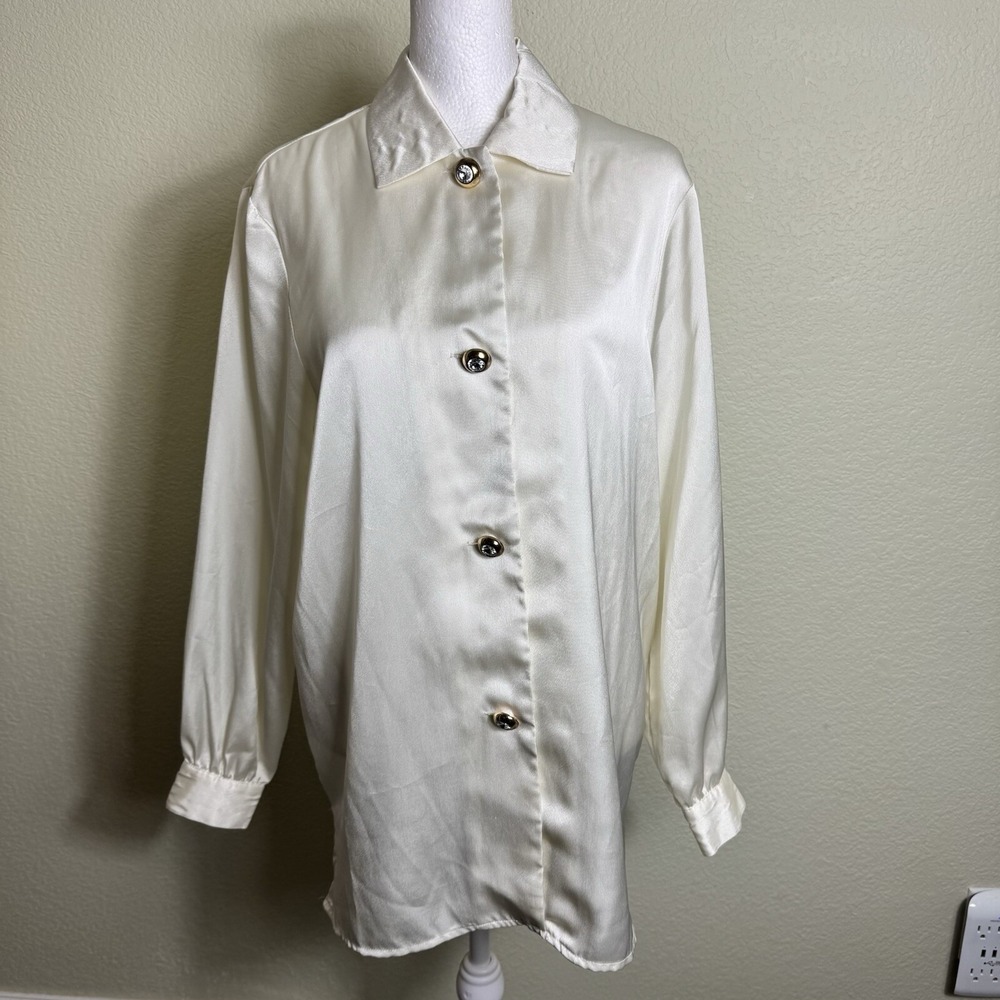 Jennifer Moore Women's Top Blouse Size M Gold Rhinestone Button Up Ivory Long Sl